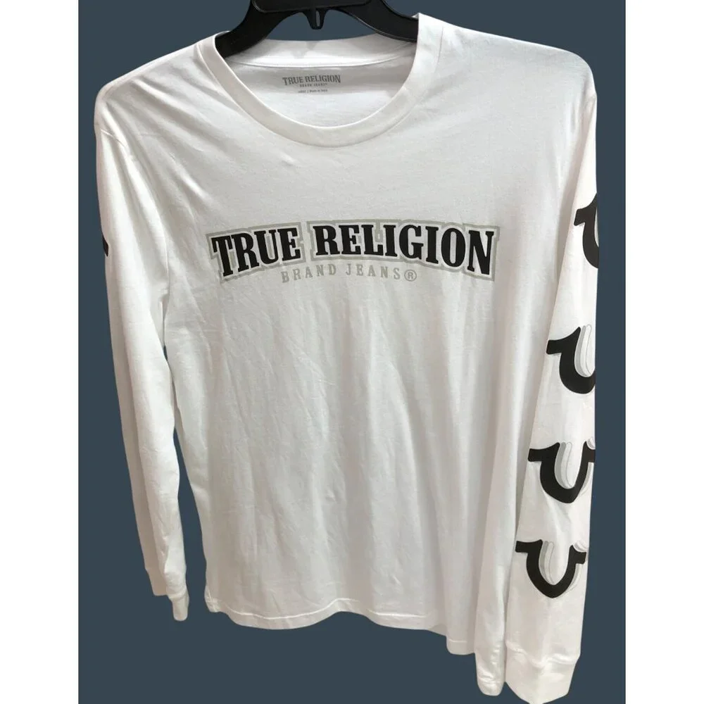 NWT True Religion T Shirt Mens Large Long Sleeves Crewneck White Logo White Blac